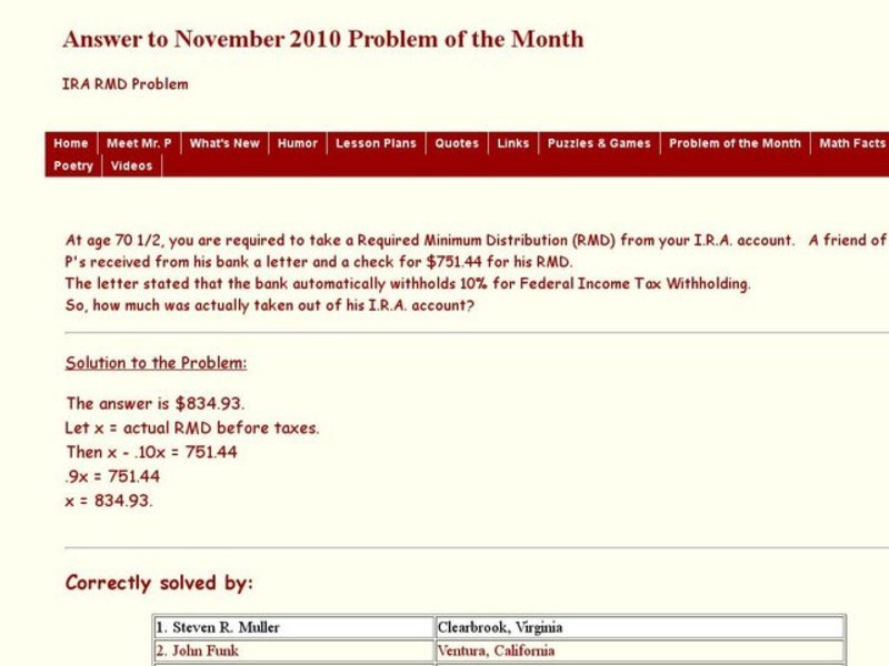 IRA RMD Problem Worksheet