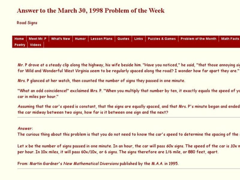 Distance (Answer to March 30, 1988 Problem) Worksheet