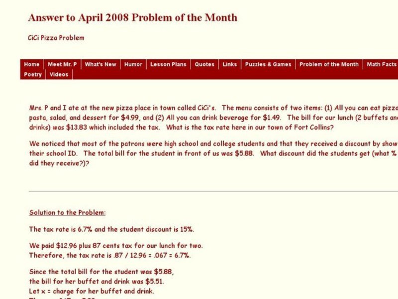 CiCi Pizza Problem Worksheet