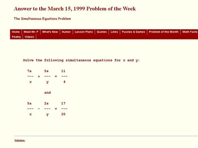 The Simultaneous Equations Problem Worksheet