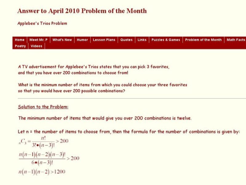 Applebee's trios Problem Worksheet