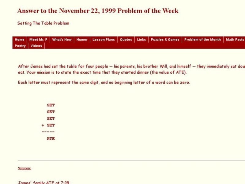 Setting the Table Problem Worksheet