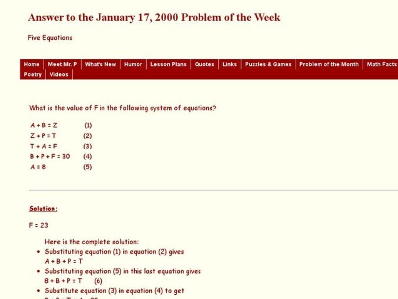 The Five Equation Problem Worksheet