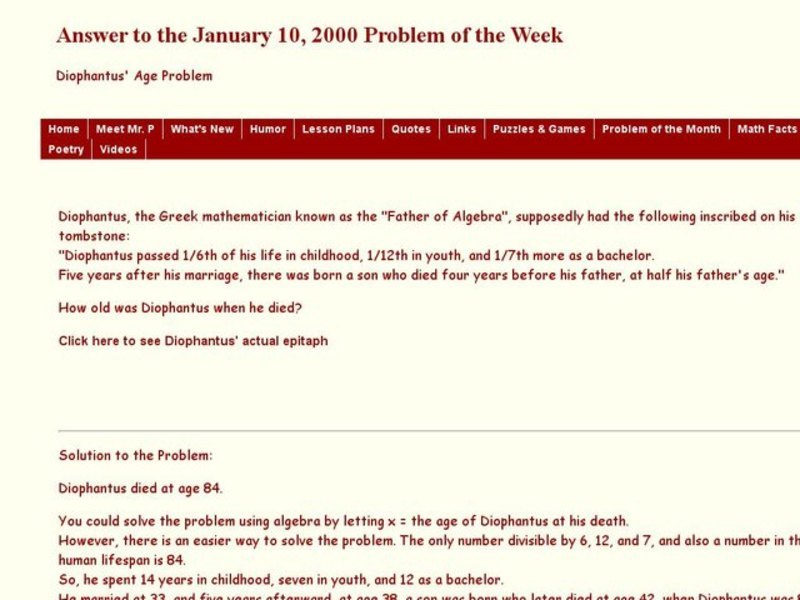 Diophantus' Age Problem Worksheet