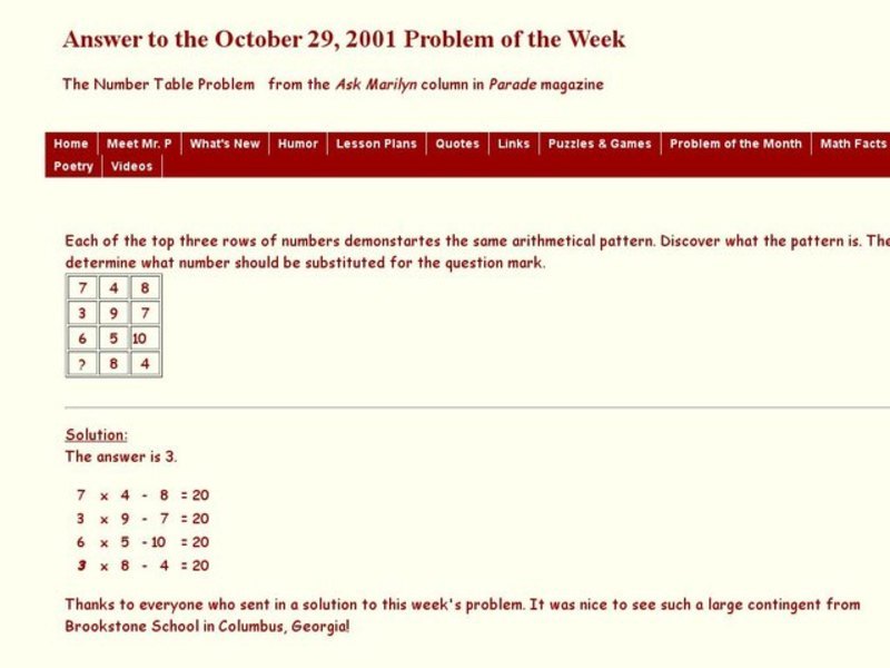 The Number Table Problem Worksheet