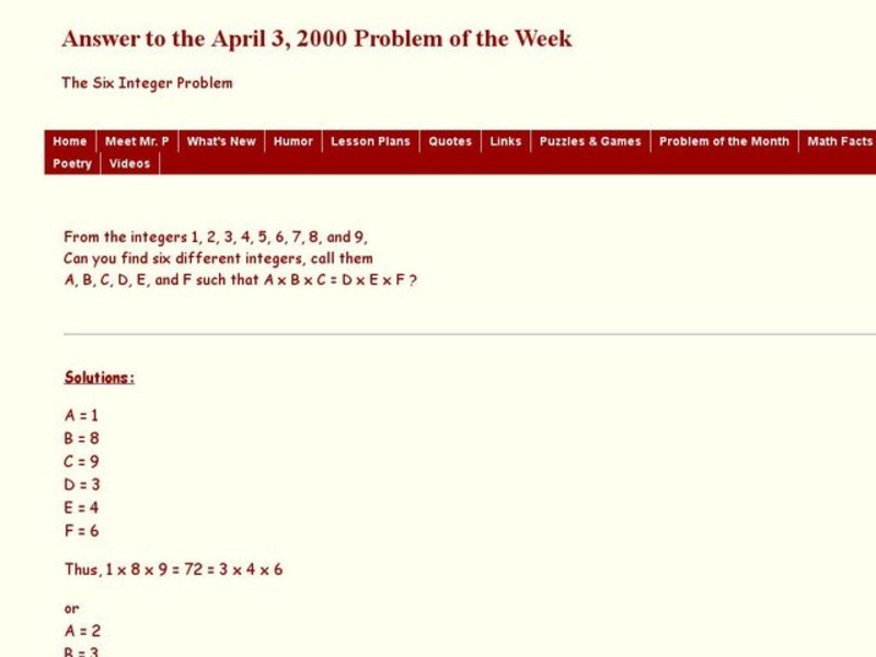 The Six Integer Problem Worksheet