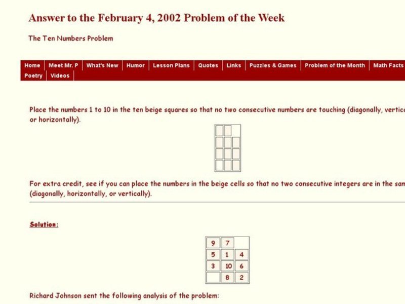 The Ten Numbers Problem Worksheet