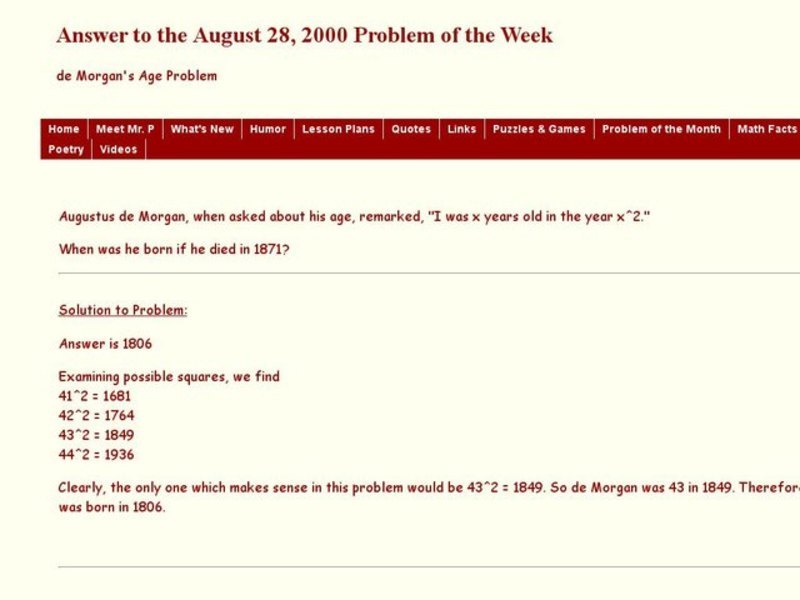 de Morgan's Age problem Worksheet