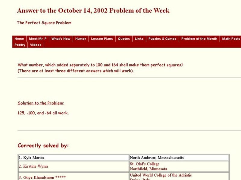 What Number, Which Added to 100 and 164 Make Them Perfect Squares? Worksheet