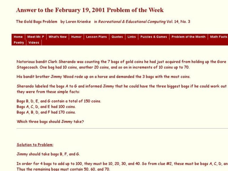The Gold Bags Problem Worksheet