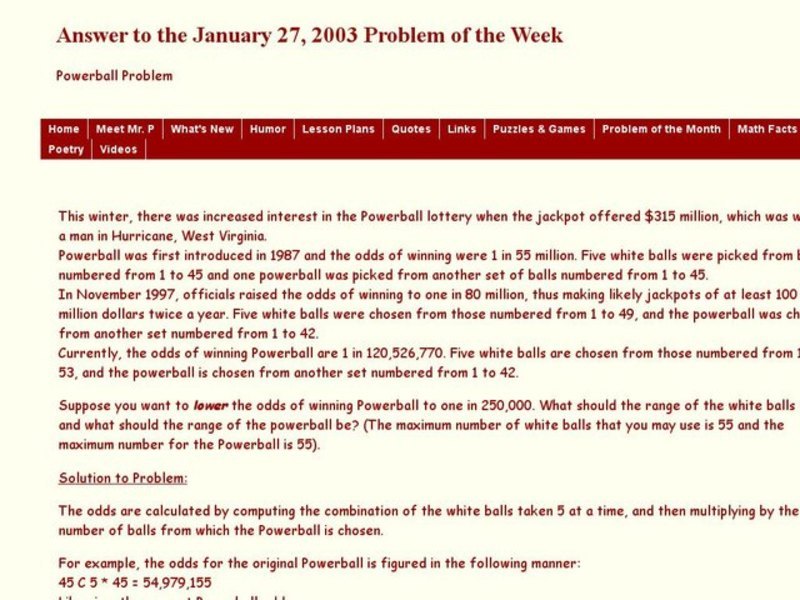 Pwerball Problem Worksheet