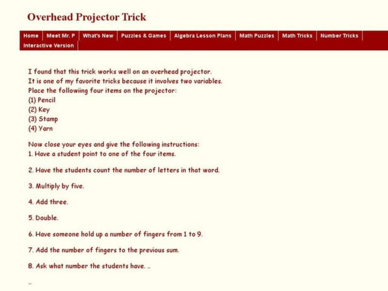 Using the Overhead and Algebra to Correctly Guess the Number Interactive