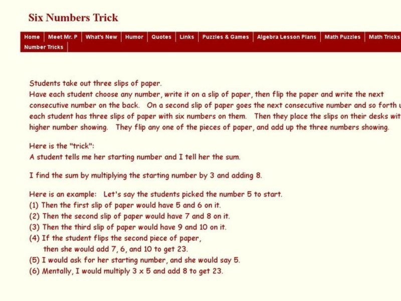 Six numbers Trick Worksheet
