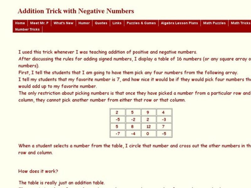 Addition Trick with Negative Numbers Worksheet