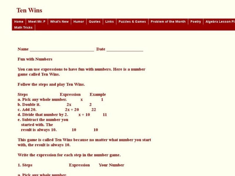 Ten Wins Worksheet