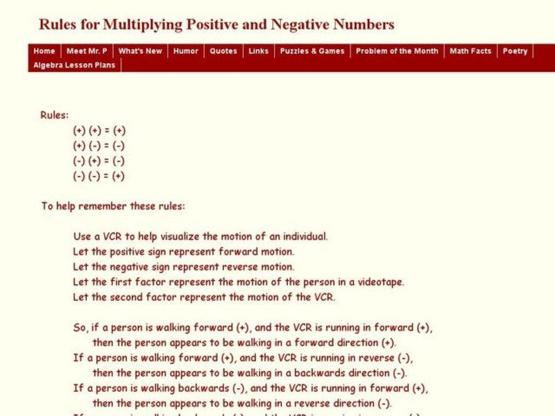 Rules for Multiplying Positive and Negative Numbers Worksheet