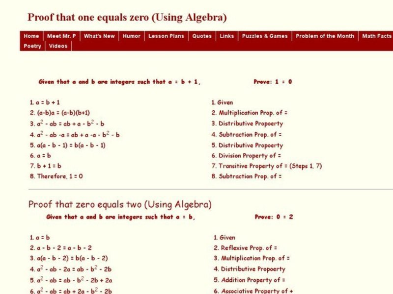 Proof that One Equals Zero and Zero Equals Two Worksheet