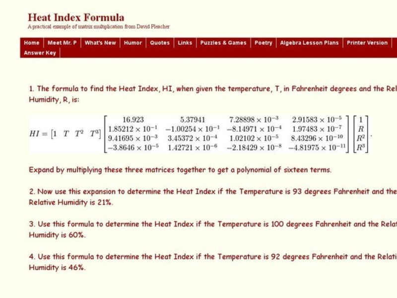 Heat Index Formula Worksheet