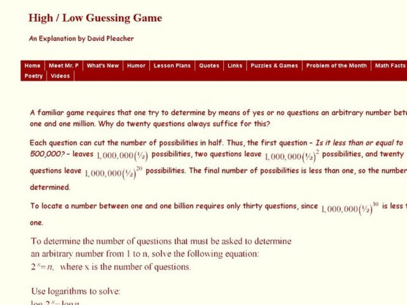 Why does Twenty Questions Suffice for Guessing a Number Between One and One Million? Worksheet