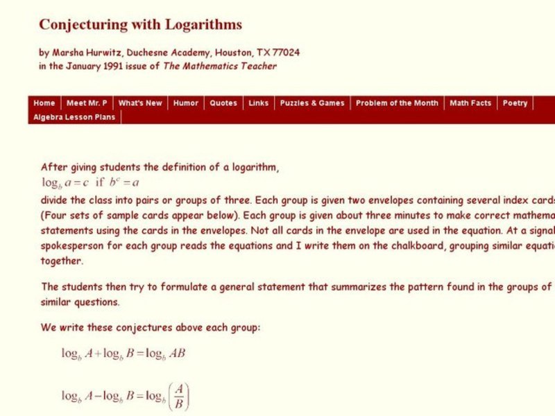 Investigating Patterns to Develop Logarithm Rules Worksheet