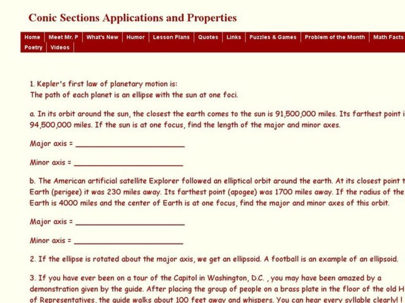 Conic Sections Applications and Properties Worksheet