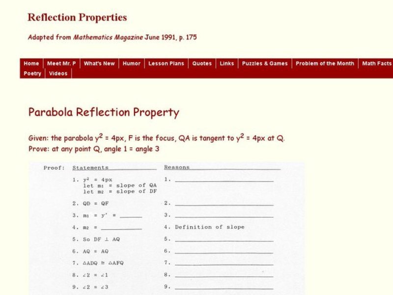 Parabola Reflection Property Worksheet