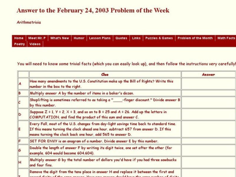 Arithmetrivia Worksheet