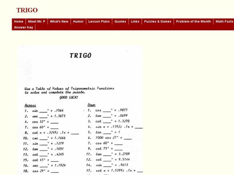 Trigonometry Puzzle Worksheet