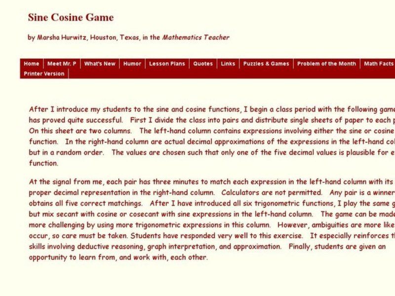 Sine Cosine Game Worksheet