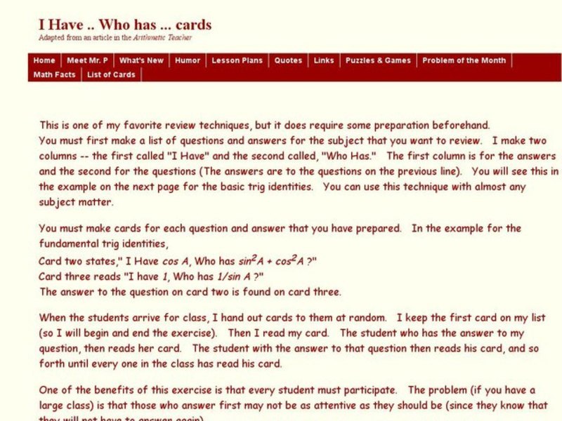 I Have Who Has..Cards Worksheet