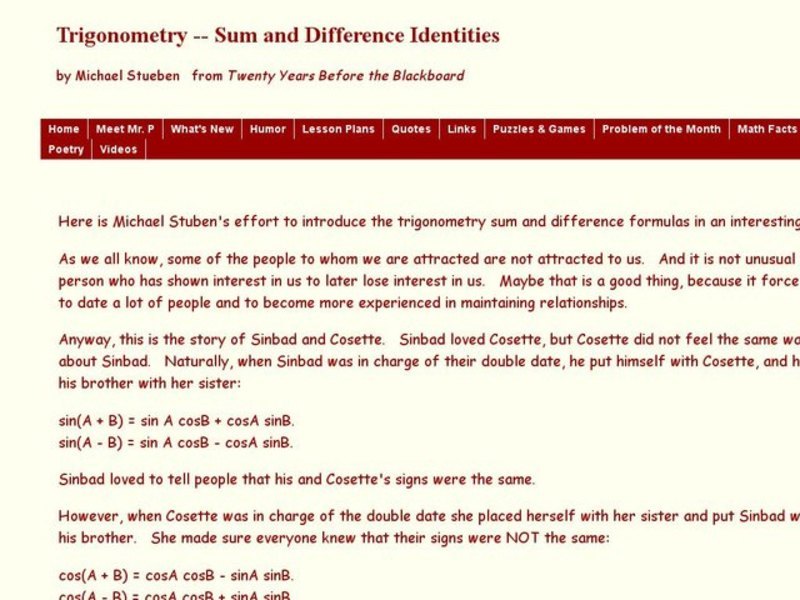 Trigonometry Sum and Difference Identities Worksheet
