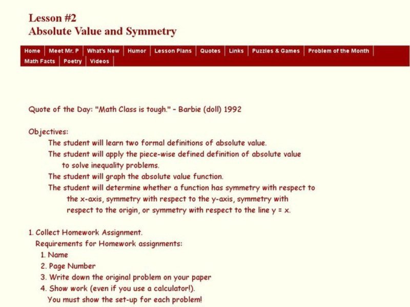 Lesson #2  Absolute Value and Symmetry Lesson Plan