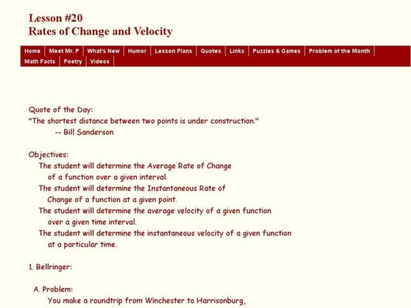 Lesson #20 Rates of Change and Velocity Lesson Plan