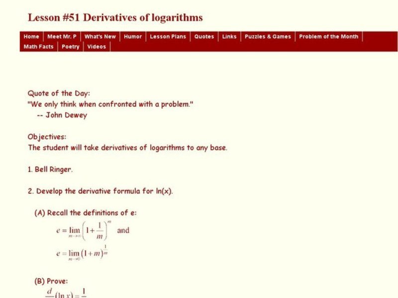 Lesson #51 Derivatives of Logarithms Lesson Plan