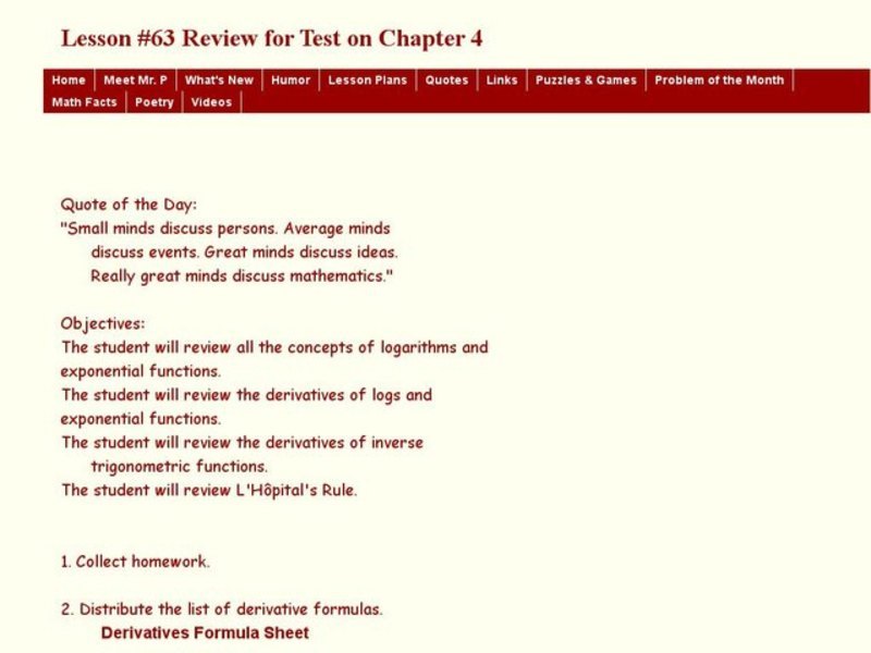 Lesson #63 Review for Test on Chapter 4 Lesson Plan