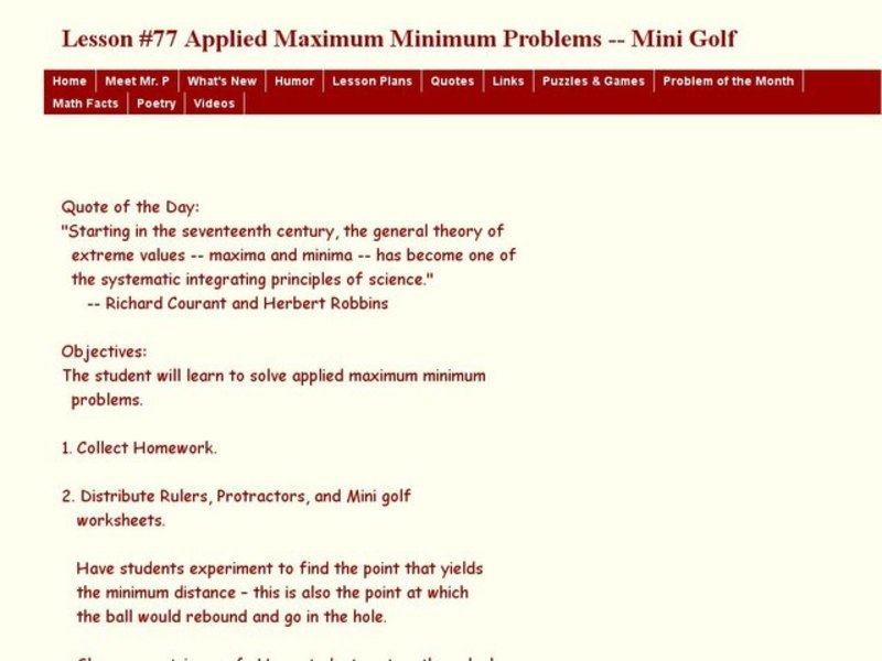 Applied Maximum Minimum Problems--Mini Golf Lesson Plan