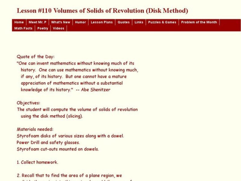 Lesson #110 Volumes of Solids of Revolution (Disk Method) Lesson Plan
