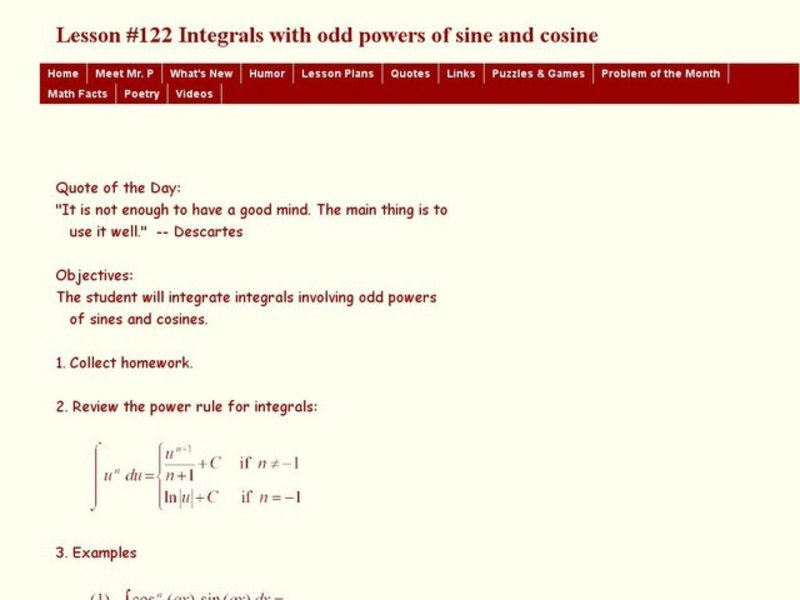 Lesson #122 Integrals with Odd Powers of Sine and Cosine Lesson Plan