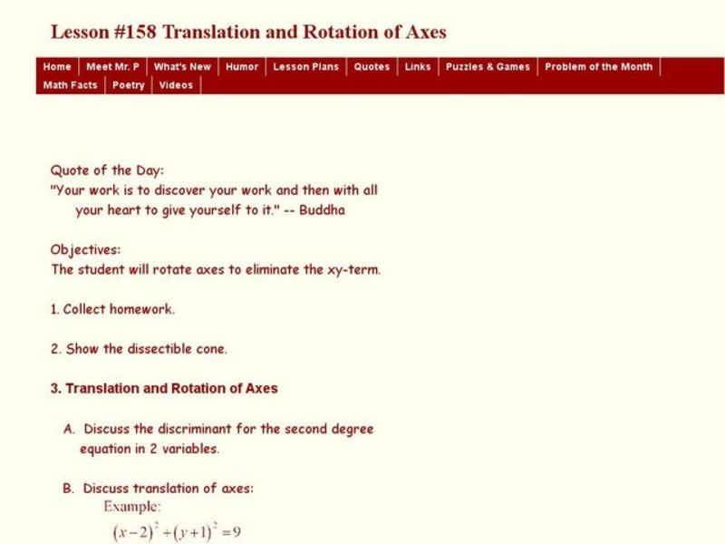 Lesson #158 Translation and Rotation of Axes Lesson Plan