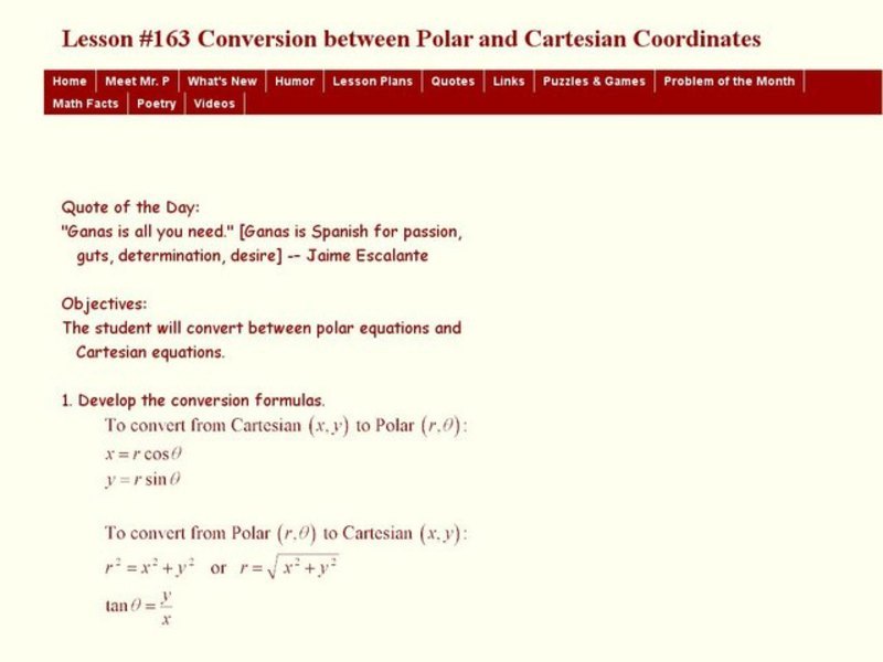 Lesson #163 Conversion Between Polar and Cartesian Coordinates Lesson Plan
