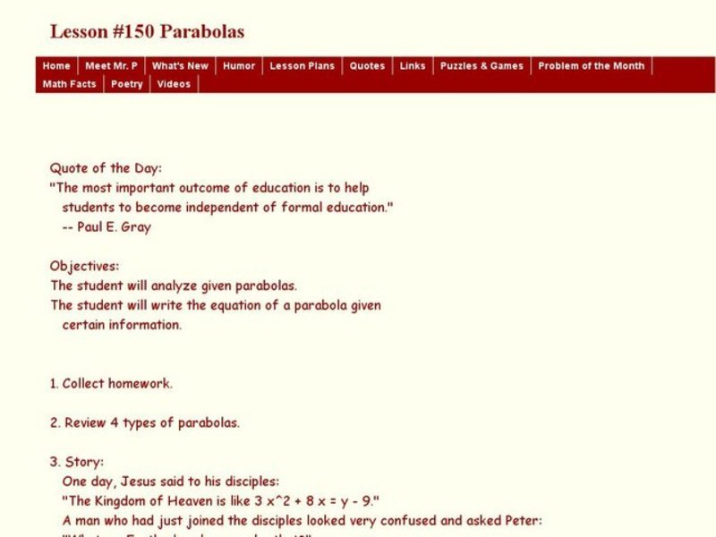 Lesson #150 Parabolas Lesson Plan