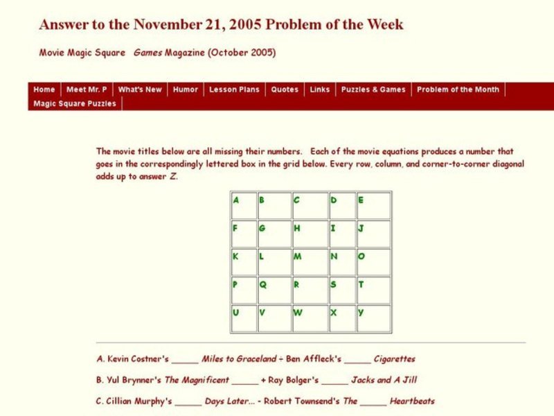Movie Magic Square Worksheet