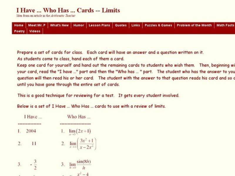 I Have...Who Has ... Cards - Limits Worksheet