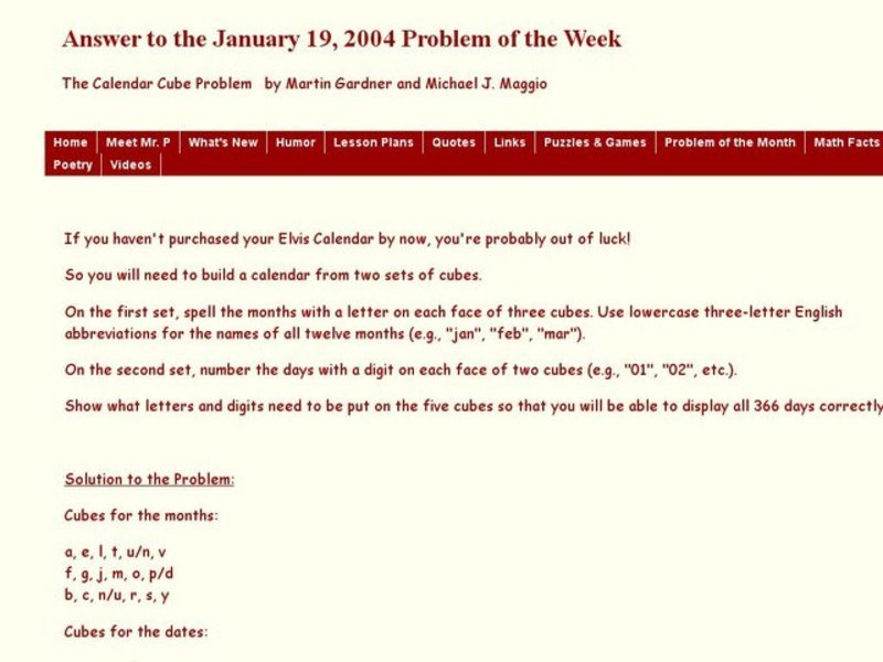 The Calendar Cube Problem Worksheet