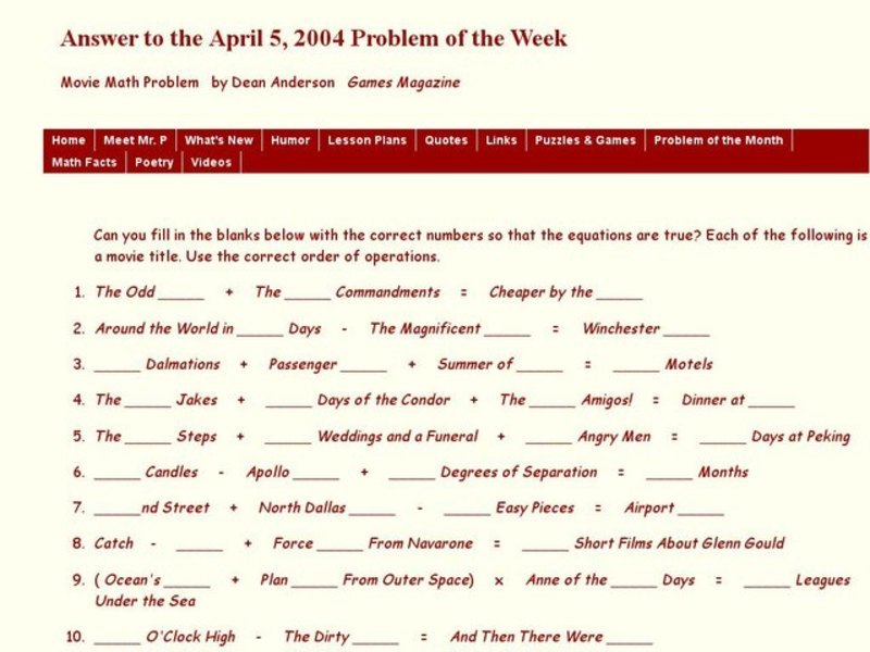 Movie Math Problems Worksheet