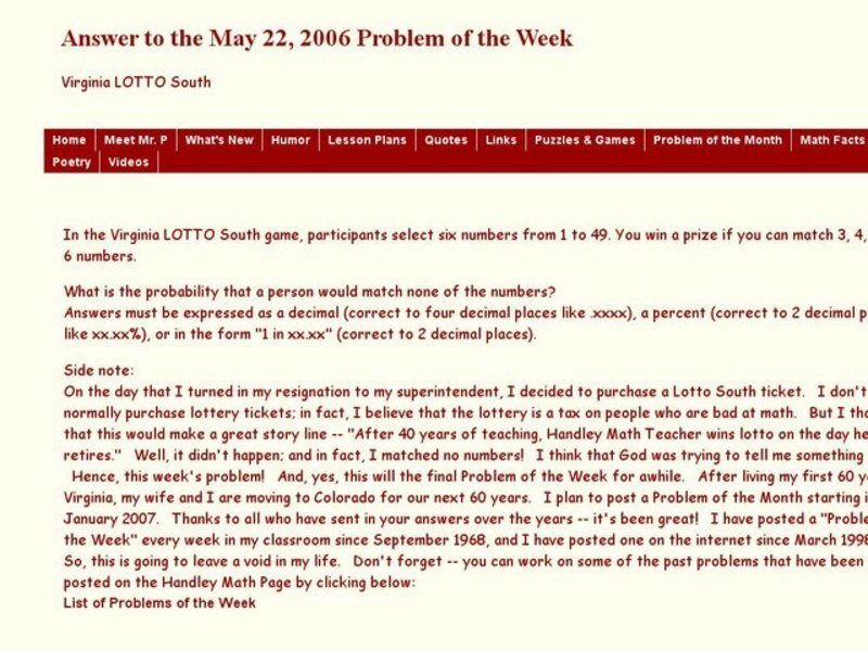 Virginia Lotto South: Probability Worksheet