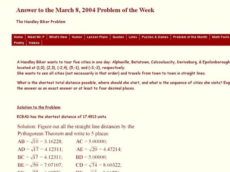 Finding the Shortest Total Distance possible Worksheet