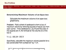 Determining Maximum Volume of an Open Box Worksheet