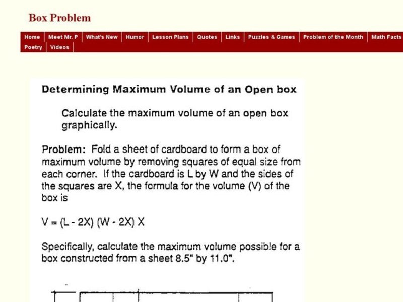 Determining Maximum Volume of an Open Box Worksheet