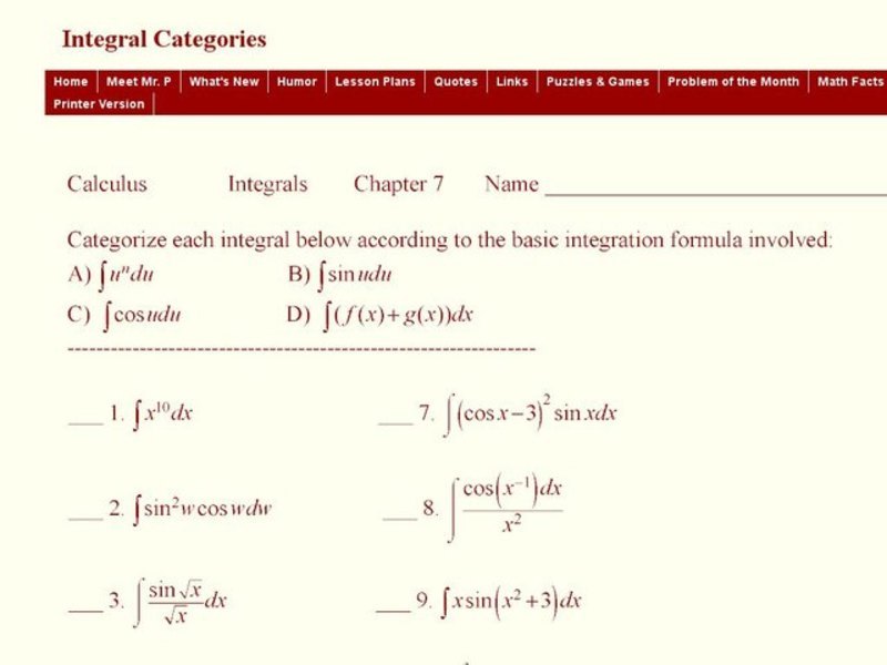 Categorize Twelve Integrals Interactive